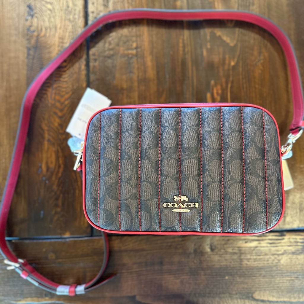 New W/ Tags! Coach Jes Crossbody In Signature Canvas W/ Quilting C5646 Red Brown